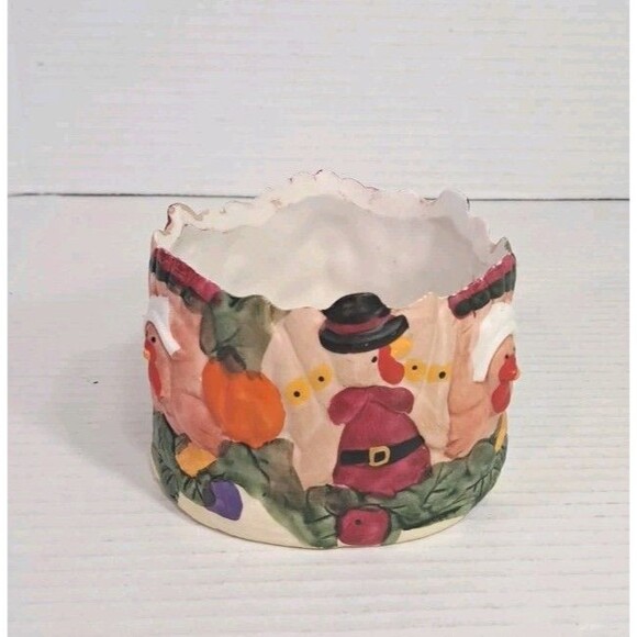 Thanksgiving Pilgrim Turkey Ceramic Candle Holder Bowl Fall Decor Hand Painted - Picture 1 of 7
